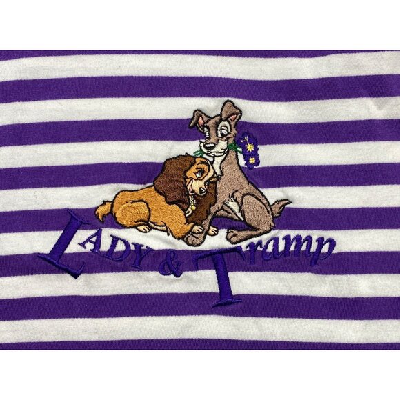 Vintage Disney Store Lady & the Tramp Embroidered T-Shirt Medium Purple Stripes - Picture 2 of 9
